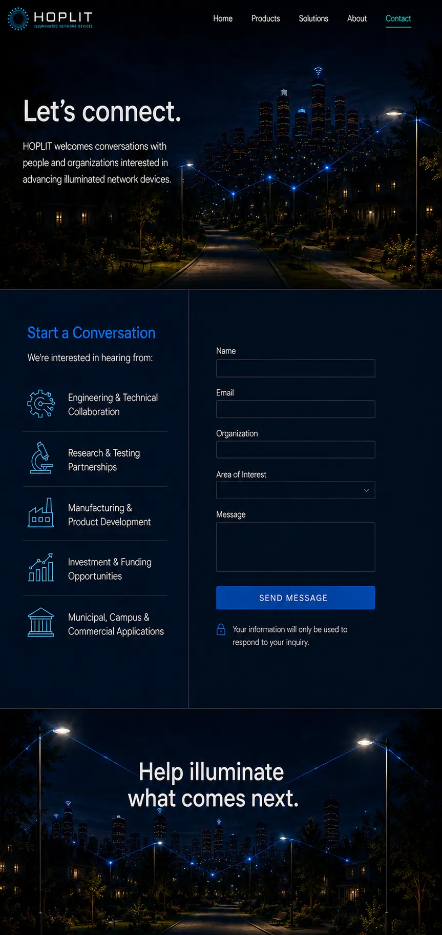 HOPLIT contact page showing an illuminated connected neighborhood and contact inquiry categories
